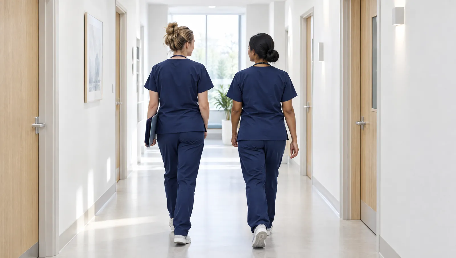 Two nurses in navy scrubs walk down a bright clinic corridor