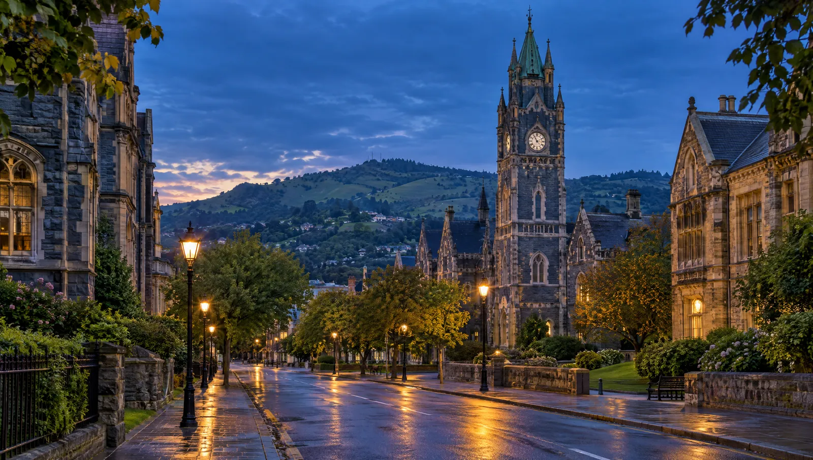 Dunedin's stone buildings and clock tower at dusk