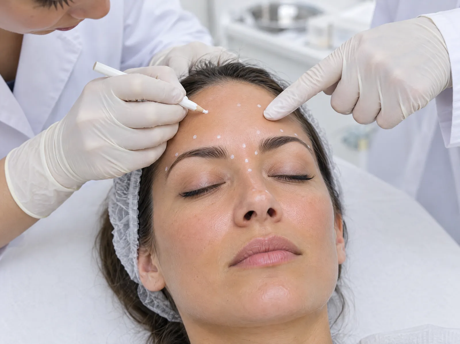 A trainee marks injection landmarks on a model's forehead while an educator points