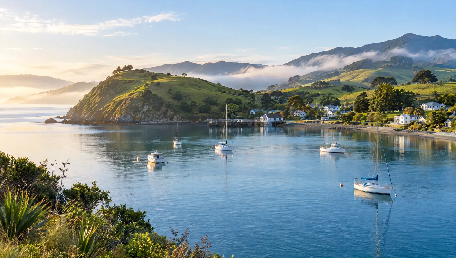 A calm harbour and green hills in the south of New Zealand in the morning