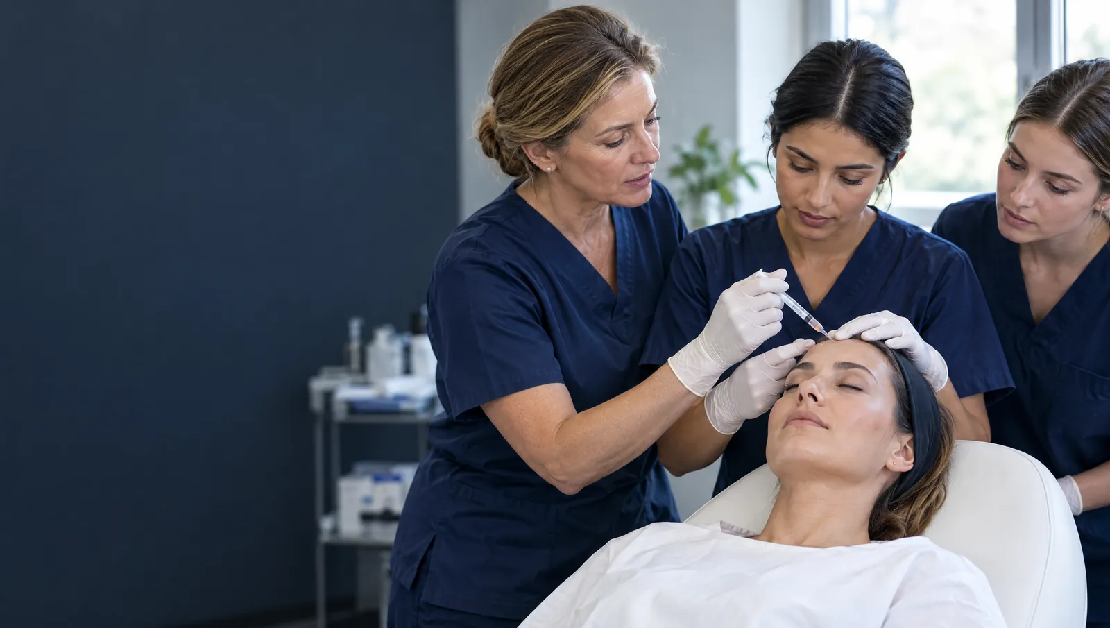 An educator guides a trainee injecting a model while two trainees watch