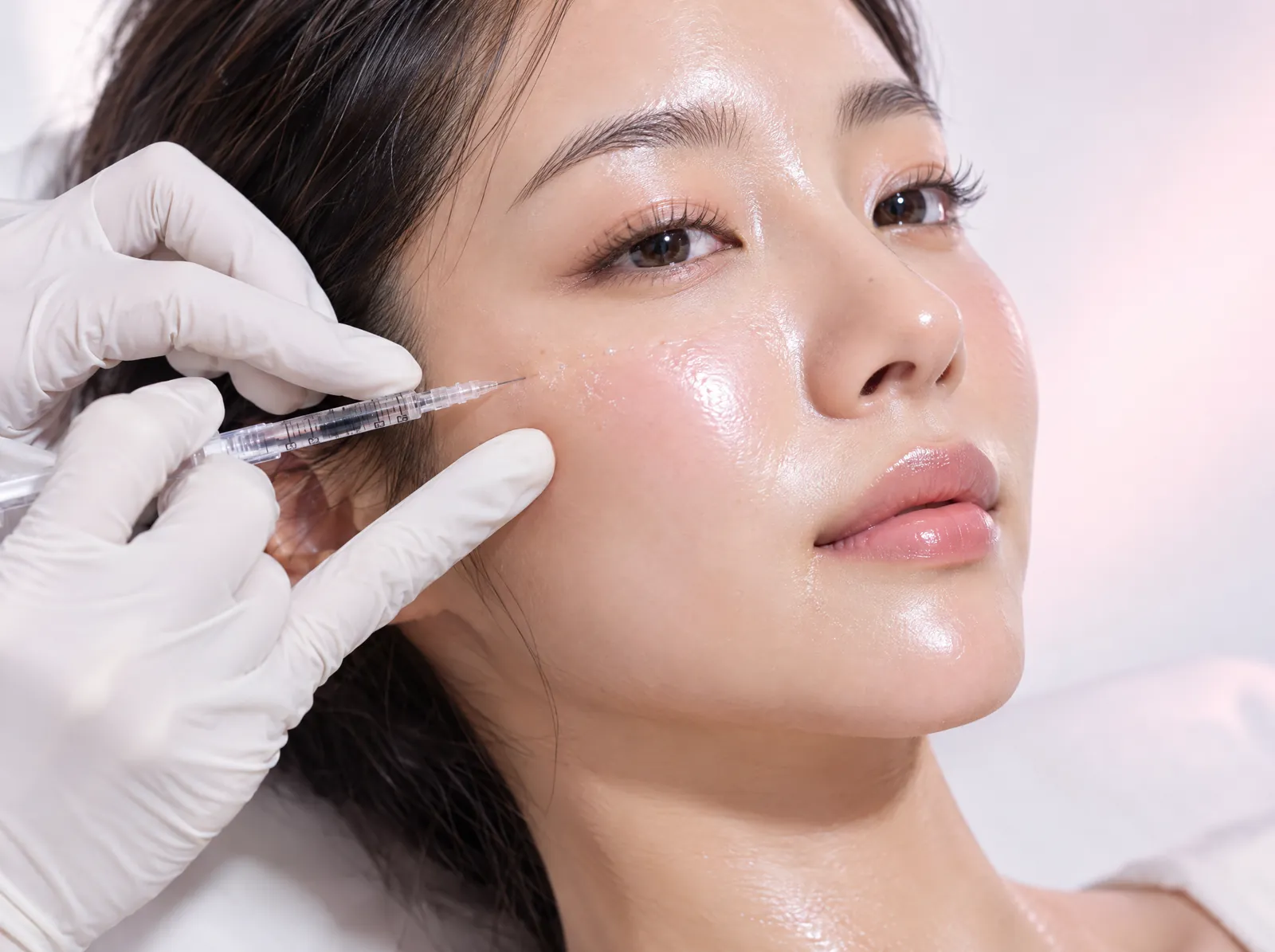 A practitioner performs fine superficial injections on luminous skin