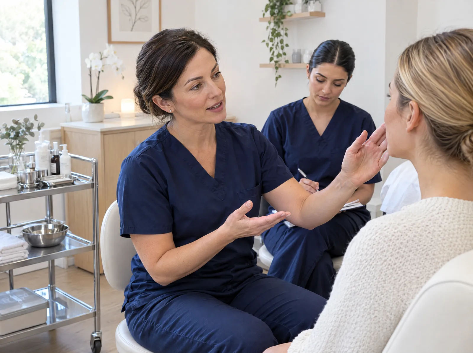 An educator explains a facial assessment while a trainee takes notes