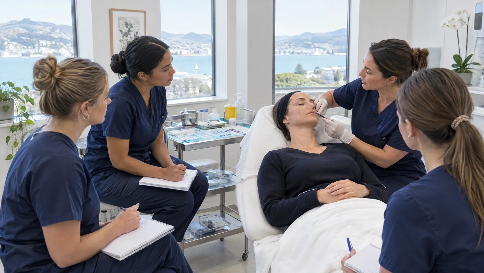 Trainees in navy scrubs watch an educator demonstrate on a model